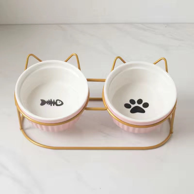 Ceramic Pet Double Bowl Tall Diagonal Water and Food Dish