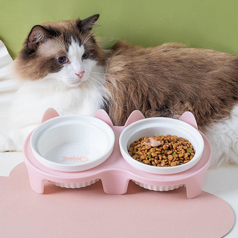 Ceramic Pet Double Bowl Tall Diagonal Water and Food Dish