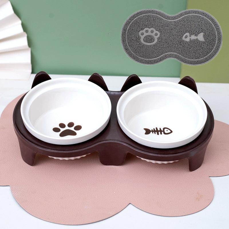 Ceramic Pet Double Bowl Tall Diagonal Water and Food Dish