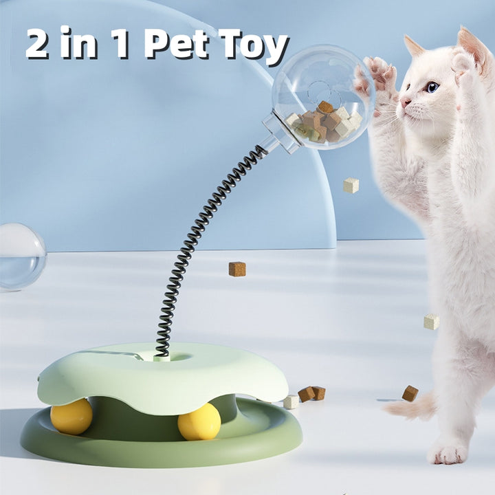 2-in-1 Cat Toy Turntable with Food Dispensing and Spring Ball