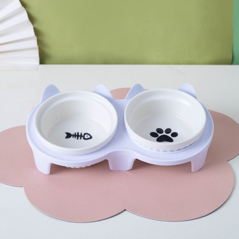 Ceramic Pet Double Bowl Tall Diagonal Water and Food Dish