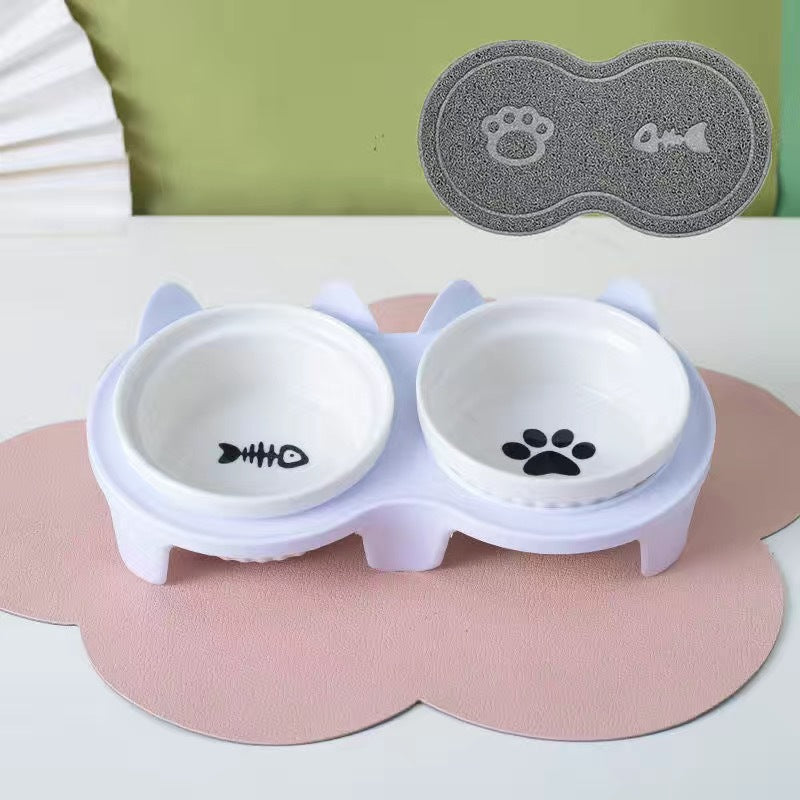 Ceramic Pet Double Bowl Tall Diagonal Water and Food Dish