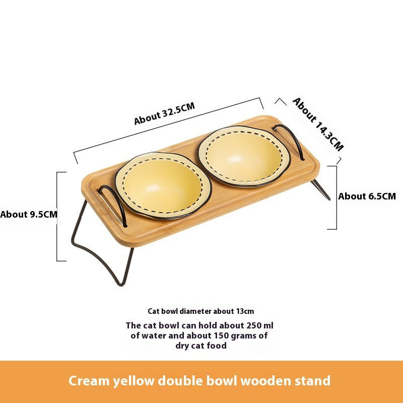 Multi-Functional Pet Wooden Rack Ceramic Bowl Anti-Tumble Easy Clean