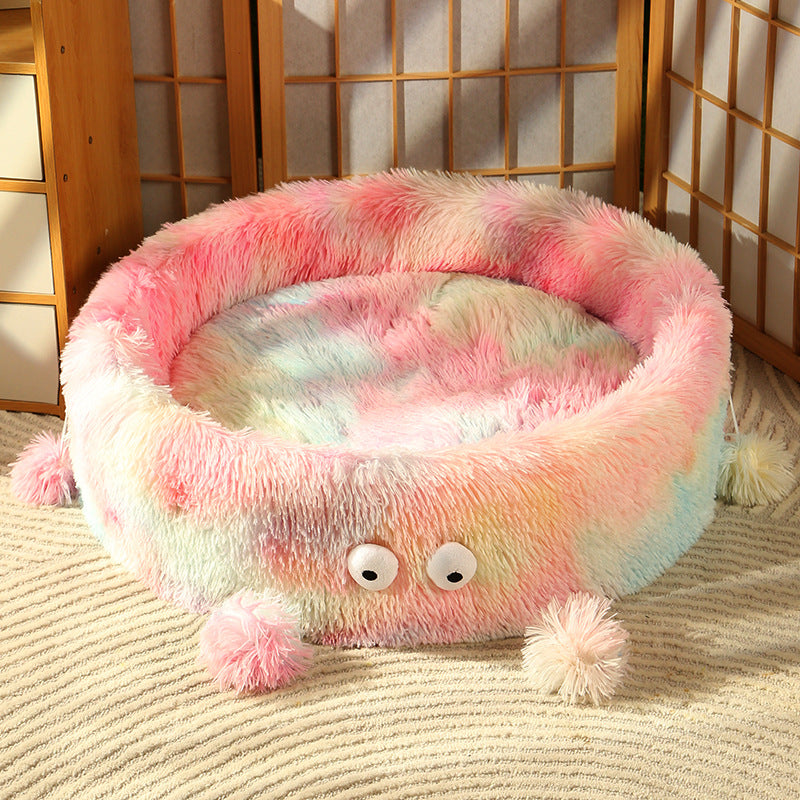 Winter Warm Pet Bed Cute Round Monster Nest Soft Sleeping Mat