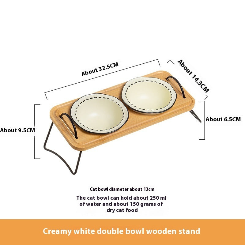 Multi-Functional Pet Wooden Rack Ceramic Bowl Anti-Tumble Easy Clean