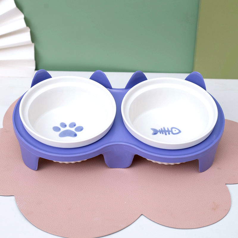 Ceramic Pet Double Bowl Tall Diagonal Water and Food Dish