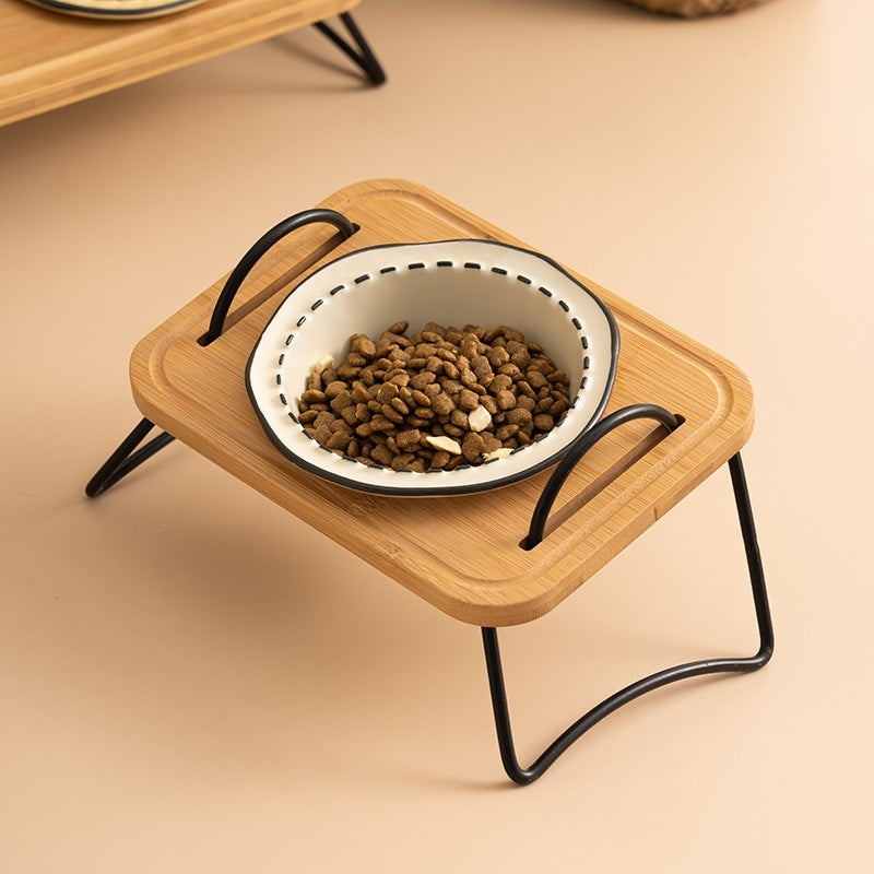 Multi-Functional Pet Wooden Rack Ceramic Bowl Anti-Tumble Easy Clean