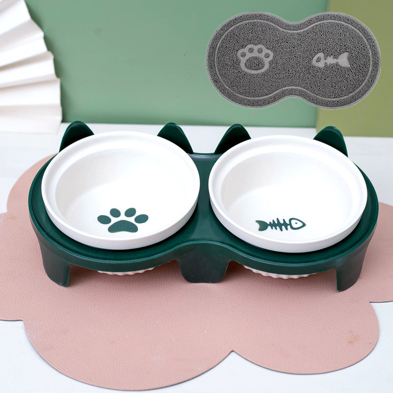 Ceramic Pet Double Bowl Tall Diagonal Water and Food Dish