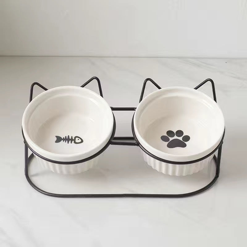 Ceramic Pet Double Bowl Tall Diagonal Water and Food Dish
