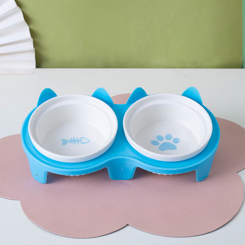 Ceramic Pet Double Bowl Tall Diagonal Water and Food Dish