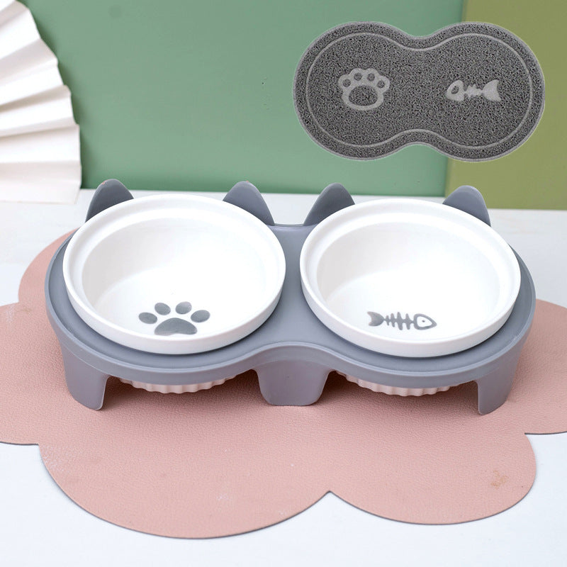 Ceramic Pet Double Bowl Tall Diagonal Water and Food Dish