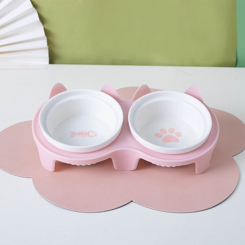 Ceramic Pet Double Bowl Tall Diagonal Water and Food Dish