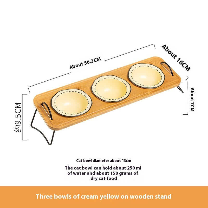 Multi-Functional Pet Wooden Rack Ceramic Bowl Anti-Tumble Easy Clean