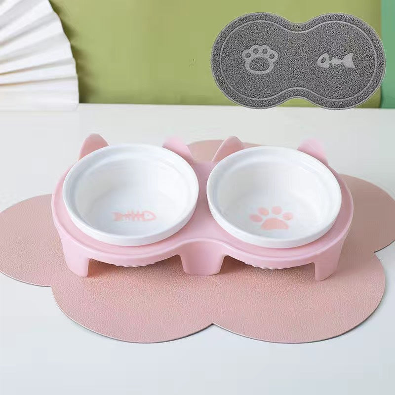 Ceramic Pet Double Bowl Tall Diagonal Water and Food Dish
