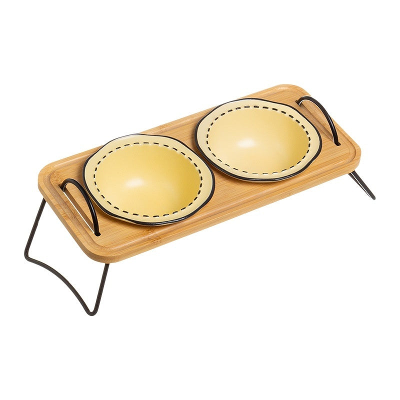 Multi-Functional Pet Wooden Rack Ceramic Bowl Anti-Tumble Easy Clean