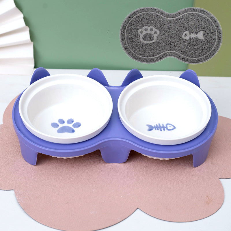 Ceramic Pet Double Bowl Tall Diagonal Water and Food Dish