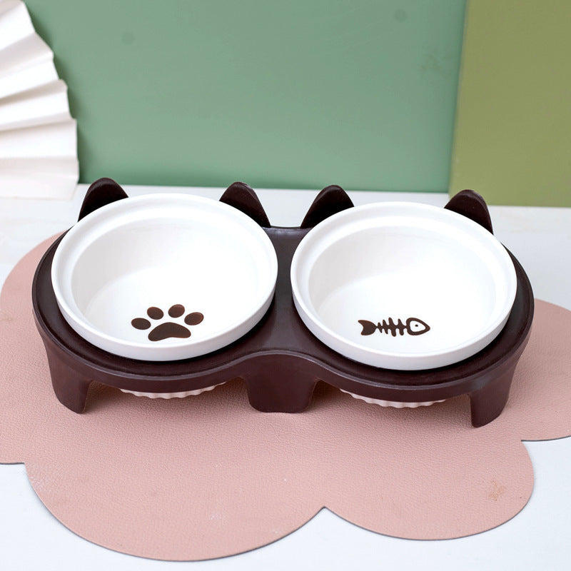 Ceramic Pet Double Bowl Tall Diagonal Water and Food Dish