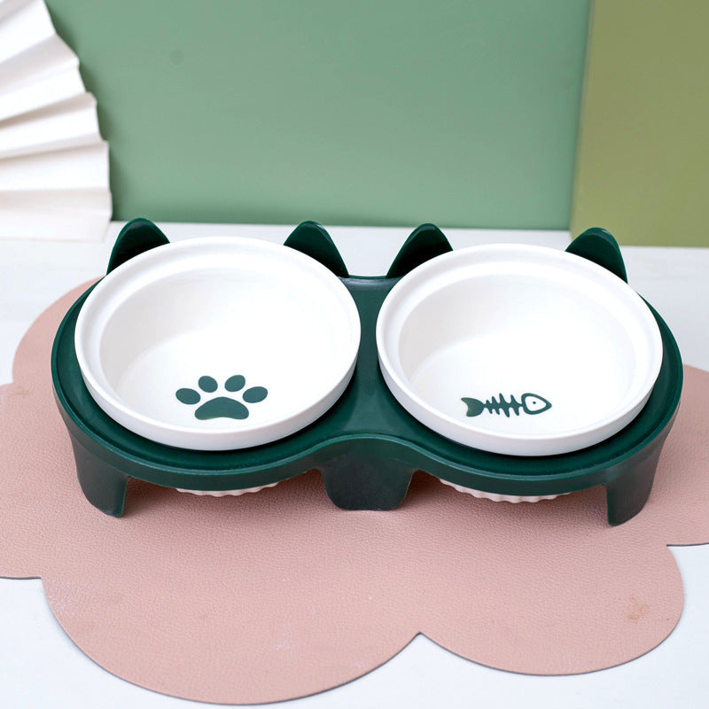 Ceramic Pet Double Bowl Tall Diagonal Water and Food Dish