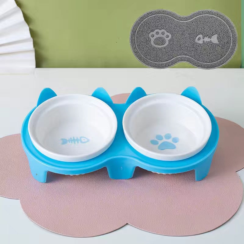Ceramic Pet Double Bowl Tall Diagonal Water and Food Dish