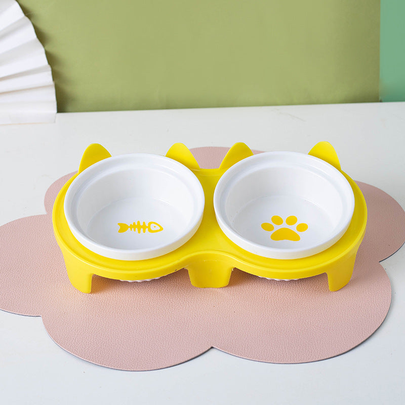 Ceramic Pet Double Bowl Tall Diagonal Water and Food Dish