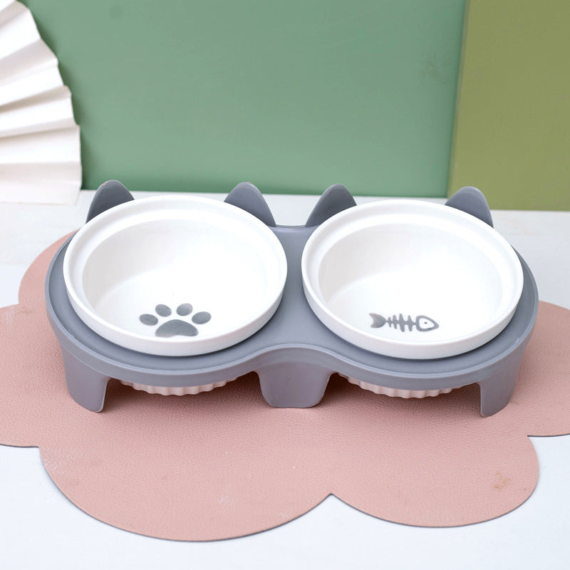 Ceramic Pet Double Bowl Tall Diagonal Water and Food Dish