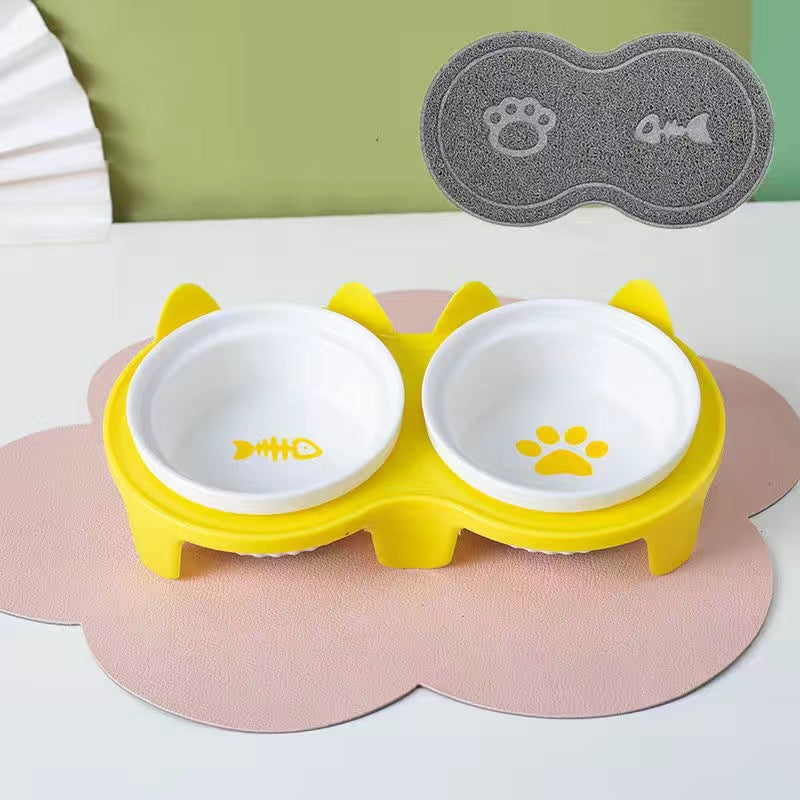 Ceramic Pet Double Bowl Tall Diagonal Water and Food Dish