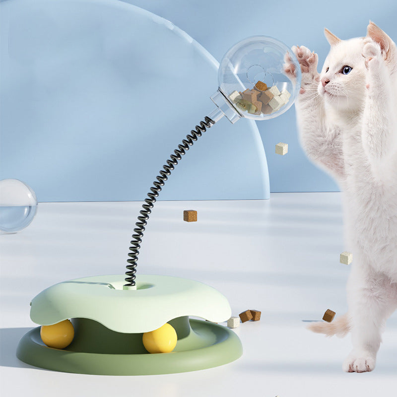 2-in-1 Cat Toy Turntable with Food Dispensing and Spring Ball